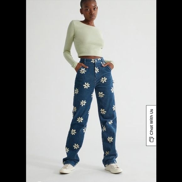 PacSun 90s Boyfriend Carpenter Corduroy Blue Floral Jeans Size 26 - Picture 1 of 8